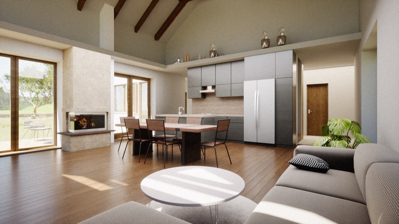 A spacious interior with living area and kitchen, exposed roof beams and a fireplace.