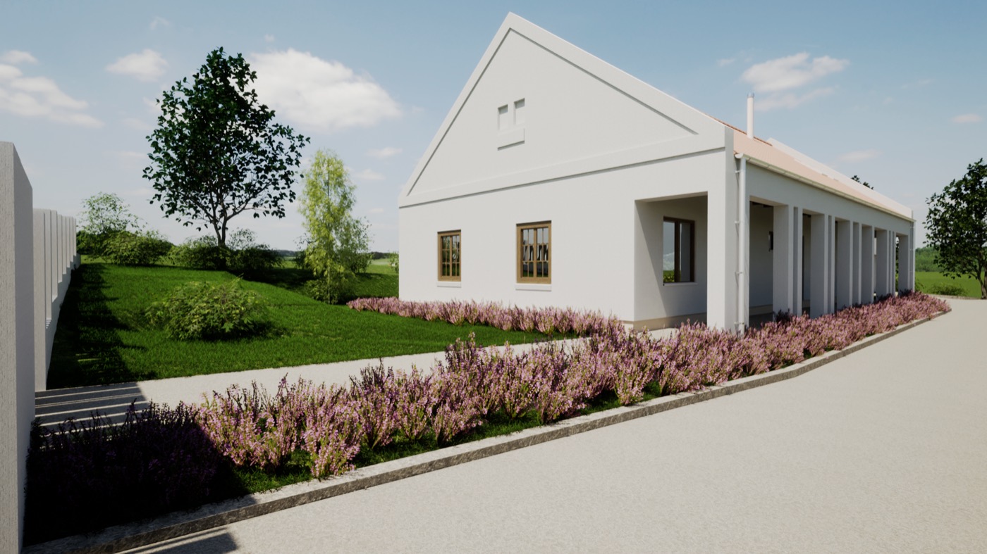 Visualisation of a white gabled house with a long colonnaded veranda; a band of flowering lavender and a gravel drive in front.