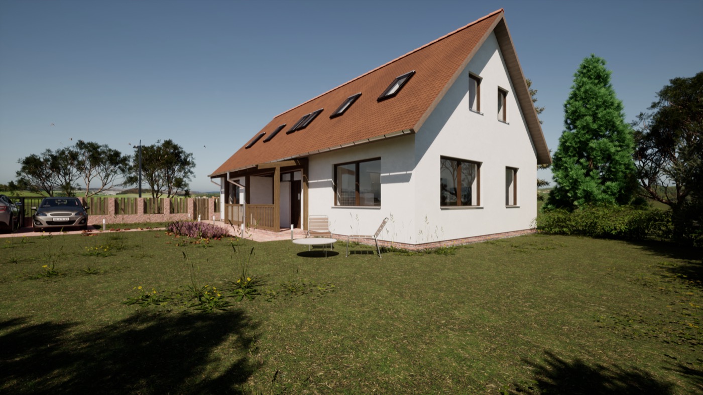 Visualisation of a white, pitched-roof family house with a tiled roof and three roof windows, on a grassed plot with trees behind.