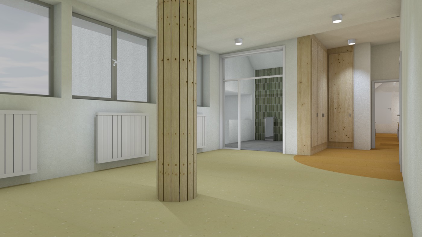 Visualisation of a bright converted attic space: an exposed timber column at the centre, roof windows to the left, a glazed partition behind.